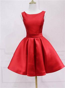 Picture of Red Color Satin Short Simple Backless Party Dresses, Red Color Homecoming Dresses